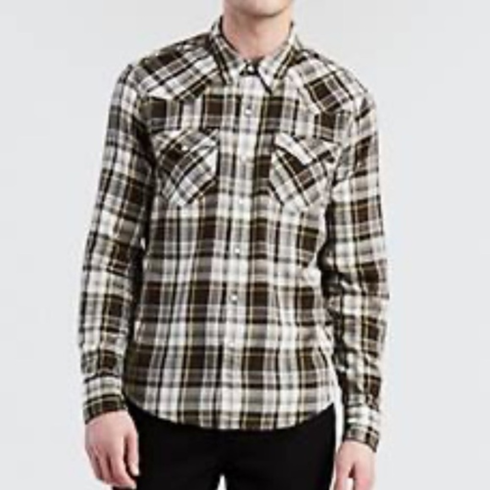🕺🐠Levi’s Standard fit, small plaid button down shirt brown white